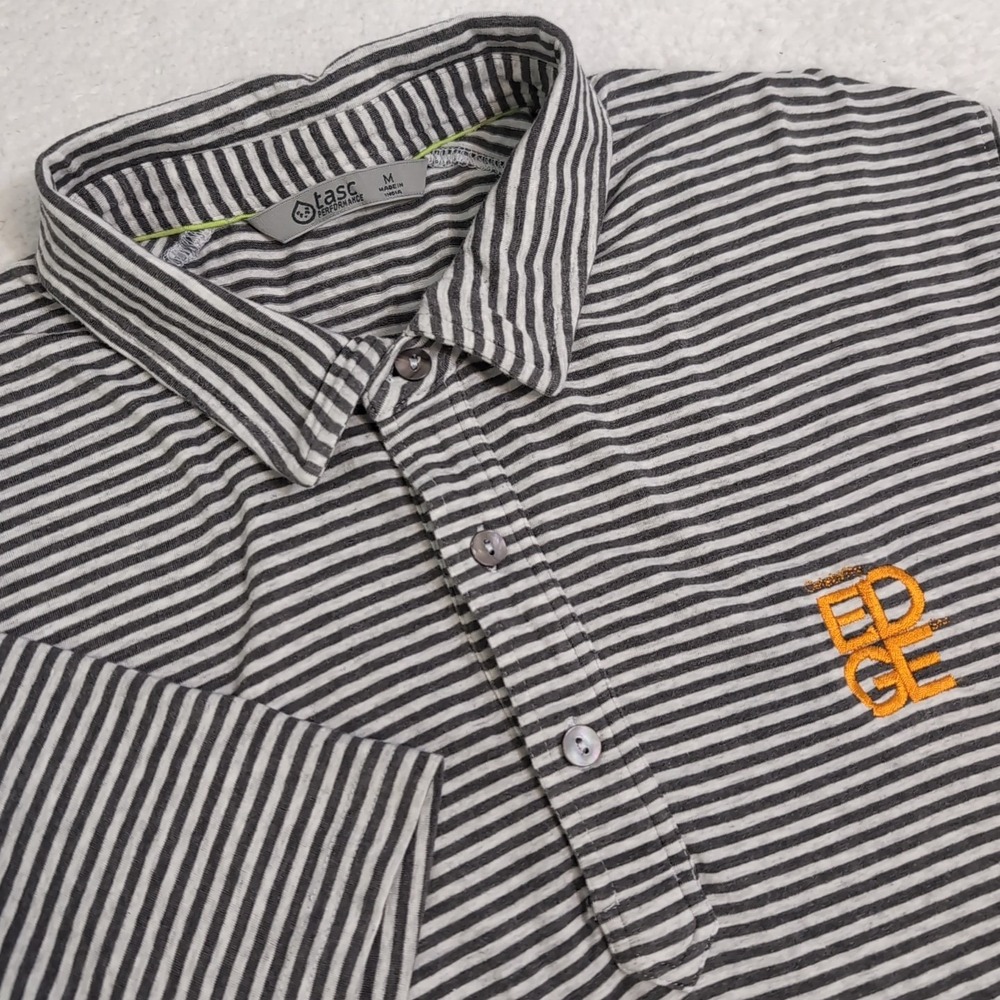 Tasc Performance Polo Mens M Bamboo Pima Tech Shirt Gray White Edge Company Logo